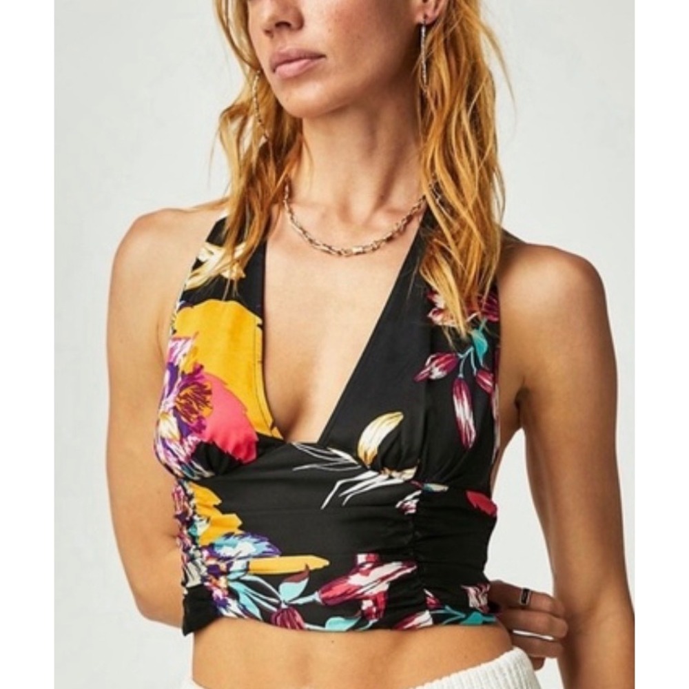 Free People Seraphina Halter Top floral crop Black Tropical Boho Festival XS